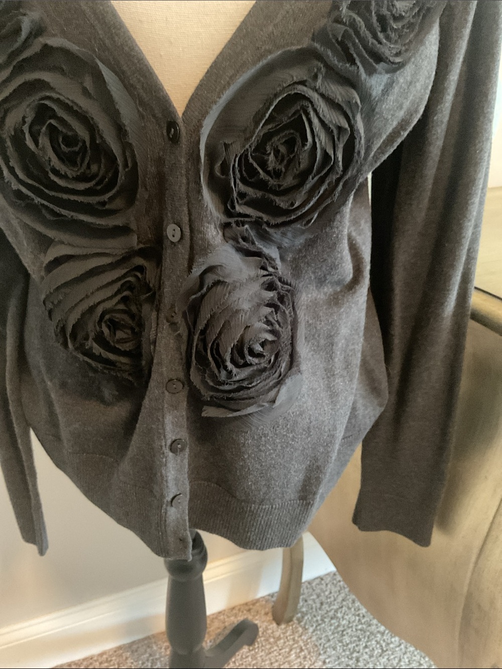 Gray Floral  Appliqué V-Neck Cardigan Sweater - Women